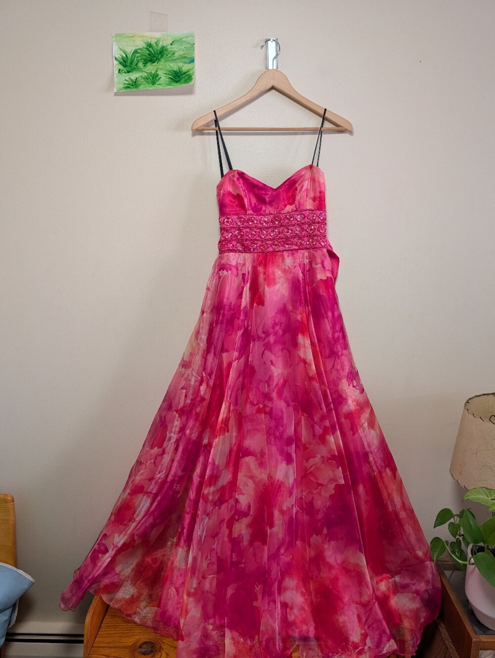 Roberta Size 3/4 Pink Floral Formal Gown Beaded Empire Waist Prom Dress